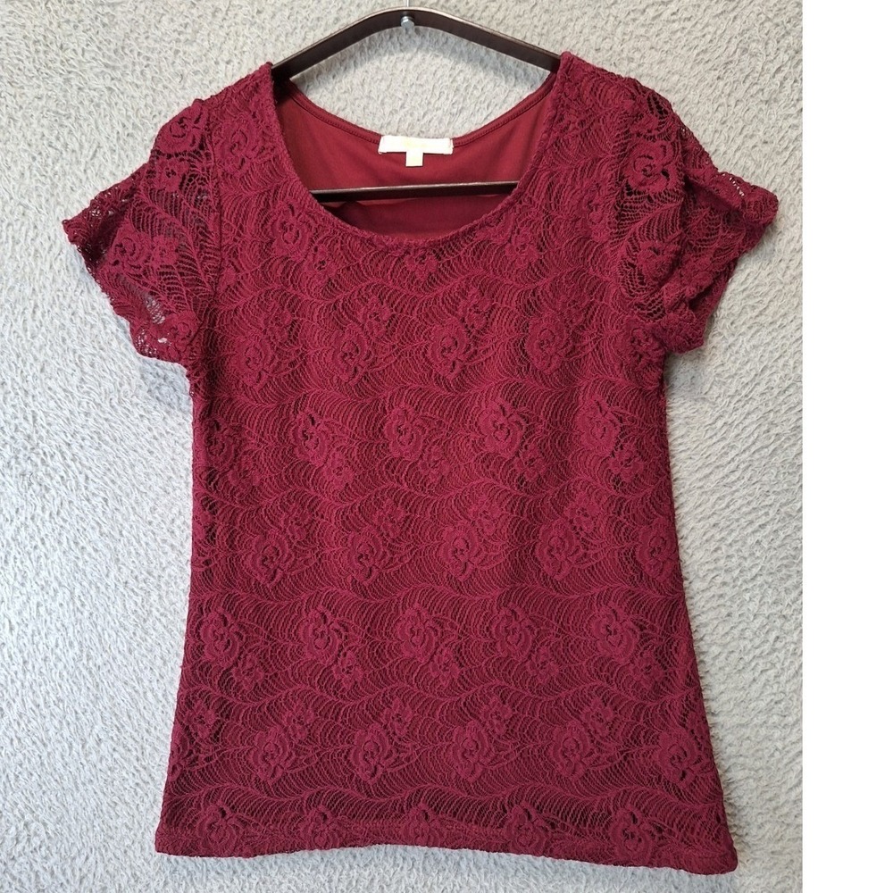 G Collection Blouse Top Womens‎ Large Red Floral Sheer Short Sleeve Round Neck